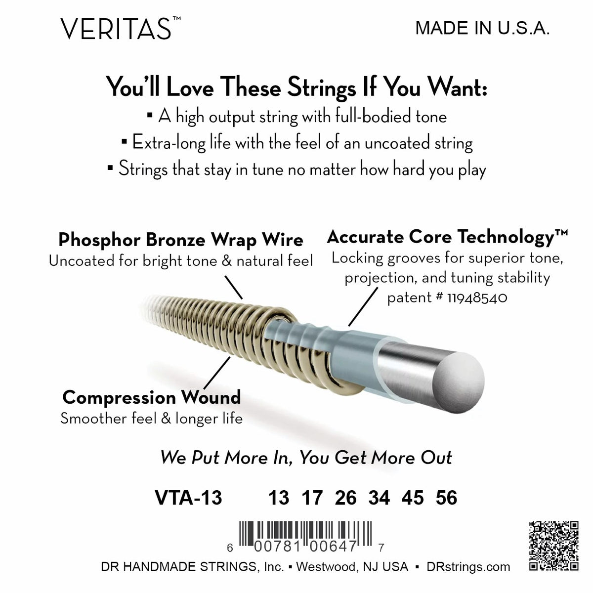 Mặt sau bao bì dây DR Veritas VTA-13: mã VTA-13, cỡ từng dây, mã vạch, DR Handmade Strings Westwood NJ USA