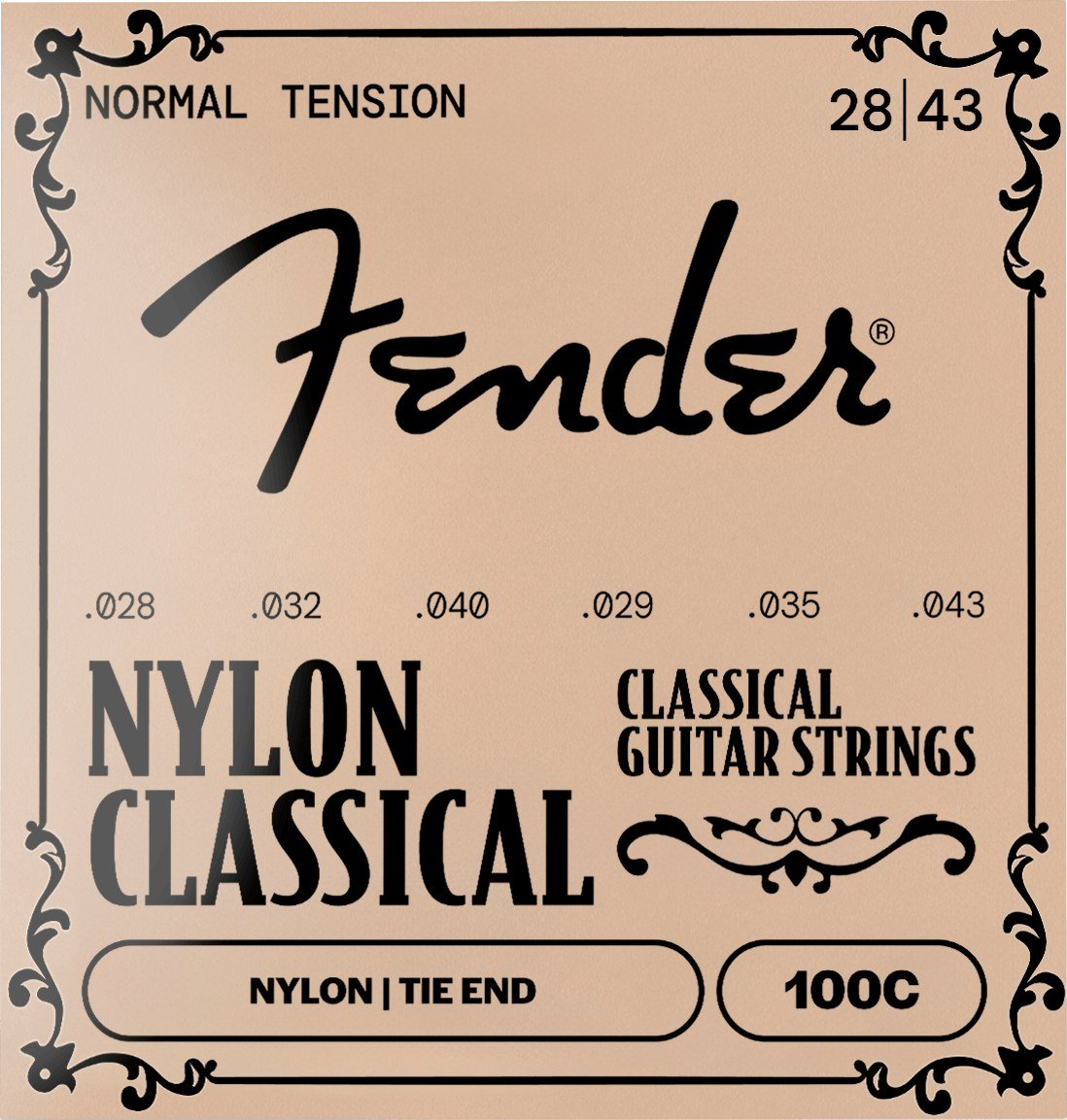 Dây Fender Nylon Classical 100C 28-43 Normal Tension – bao bì mặt trước mẫu mới, in MADE IN THE USA