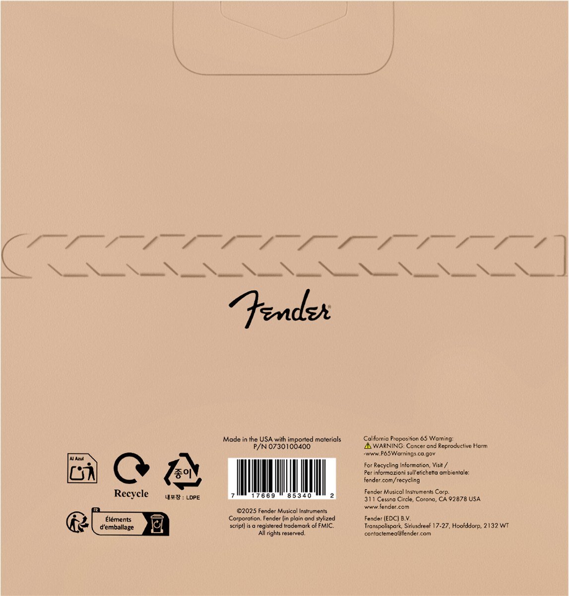 Mặt sau bao bì dây Fender Nylon Classical (ảnh bộ 100C) – in Made in the USA, P/N và mã vạch