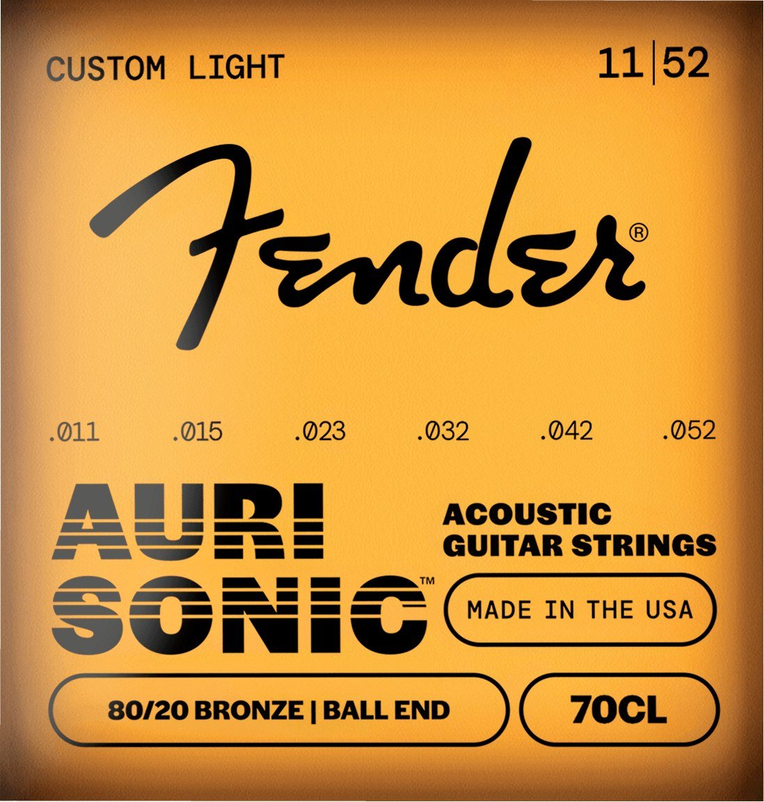 Dây Fender AuriSonic 70CL 11-52 Custom Light – bao bì mặt trước mẫu mới, in MADE IN THE USA