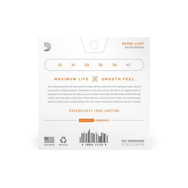 Dây Đàn Guitar Acoustic D'Addario XSABR1047 (XS 80/20 Bronze, 10-47 Extra Light)
