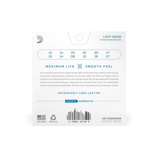 Dây Đàn Guitar Acoustic 12 Dây D'Addario XSAPB1047-12 (XS Phosphor Bronze, 10-47 Light)
