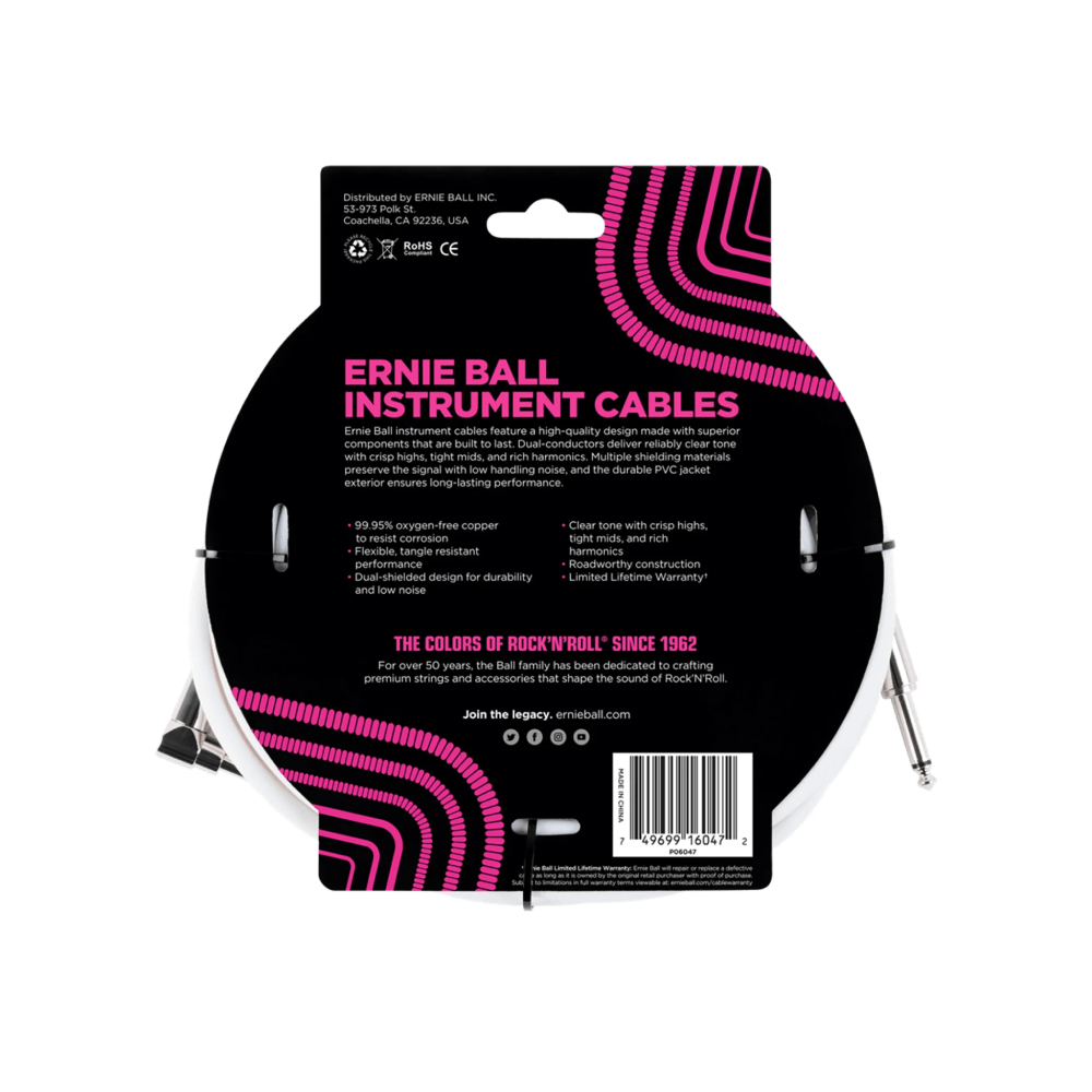 Dây Cáp Ernie Ball 20FT Straight / Angle Instrument, White