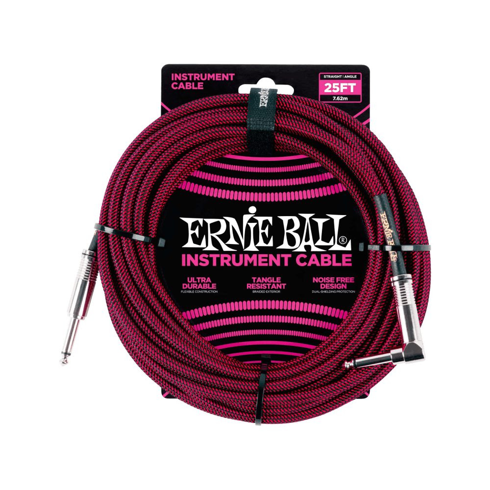 Dây Cáp  Ernie Ball 25FT Braided Straight to Angle Instrument, Black/Red