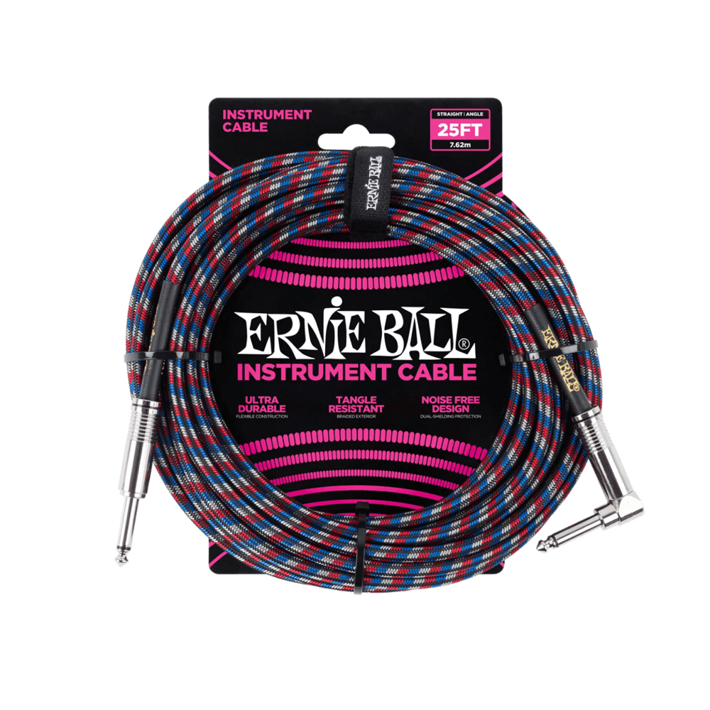Dây Cáp Ernie Ball 25FT Braided Straight to Angle Instrument, Black/Red/Blue/White