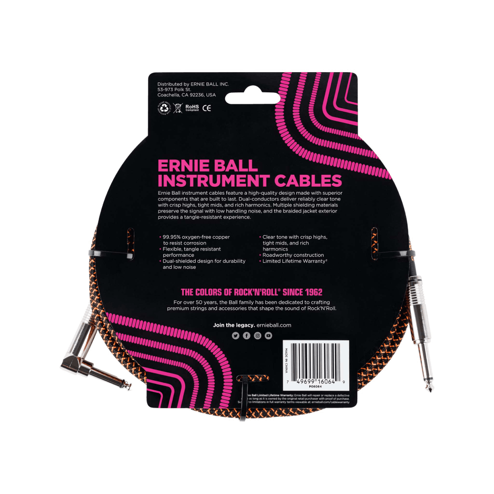 Dây Cáp Ernie Ball 25FT Braided Straight to Angle Instrument, Black/Orange