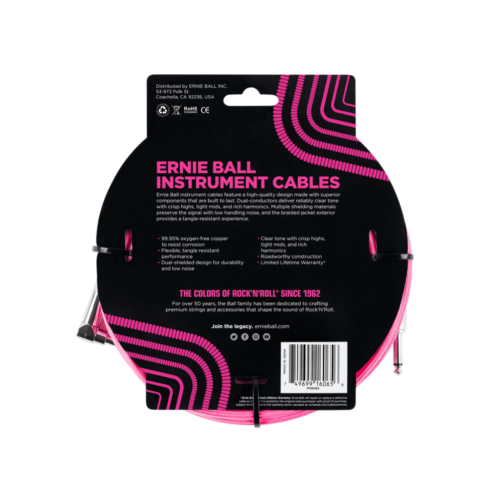 Dây Cáp Ernie Ball 25FT Braided Straight to Angle Instrument, Neon Pink
