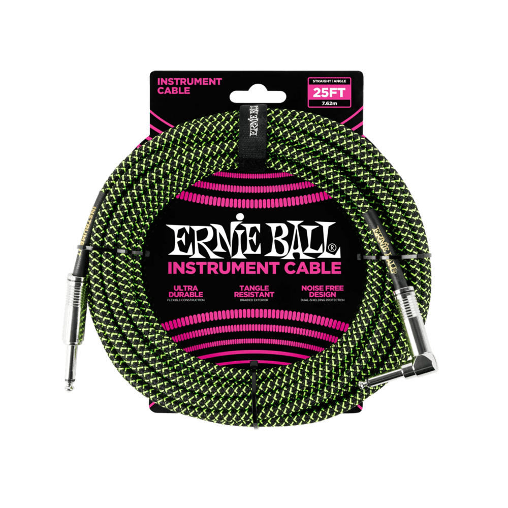 Dây Cáp Ernie Ball 25FT Braided Straight to Angle Instrument, Black/Green