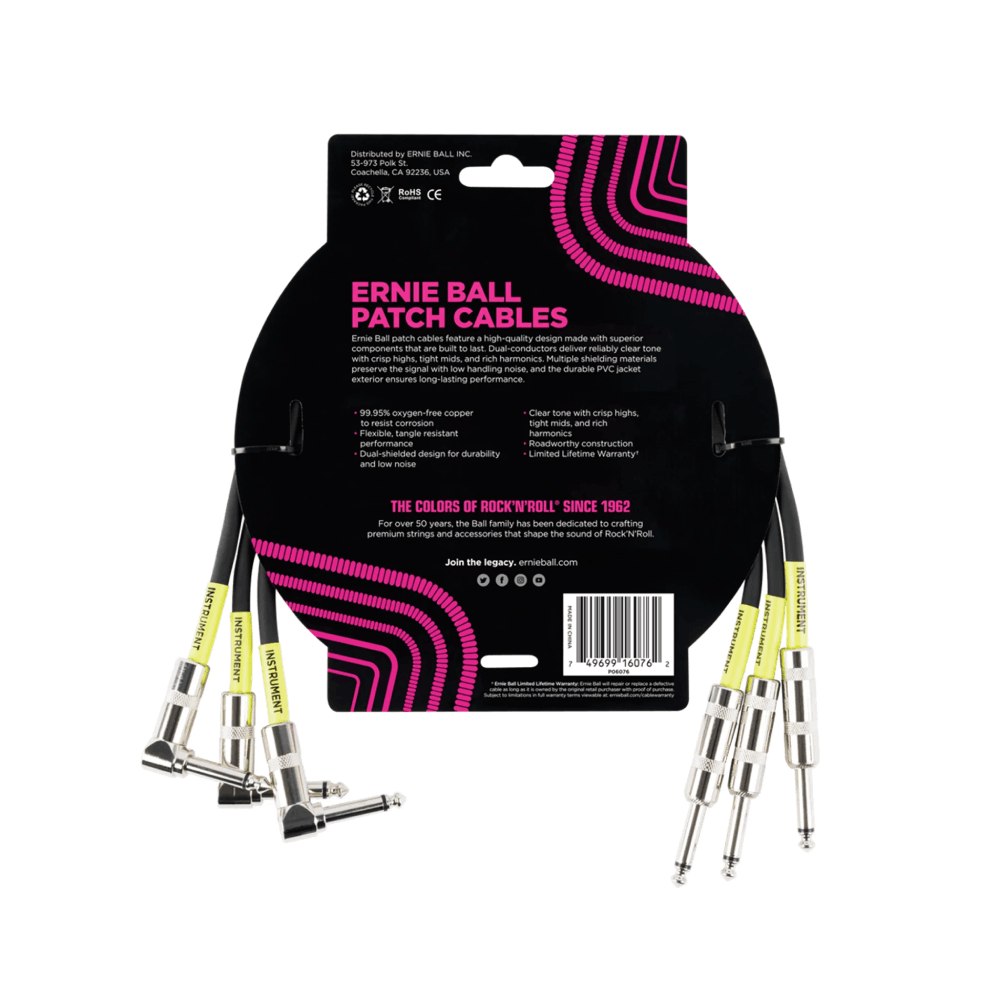 Dây Cáp Ernie Ball 1.5 FT Straight to Angle Patch, 3-Pack, Black
