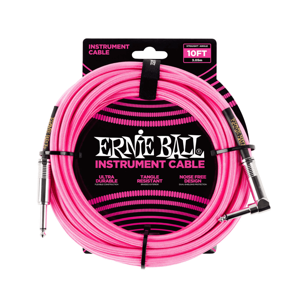 Dây Cáp Ernie Ball 10FT Braided Straight to Angle Instrument, Neon Pink