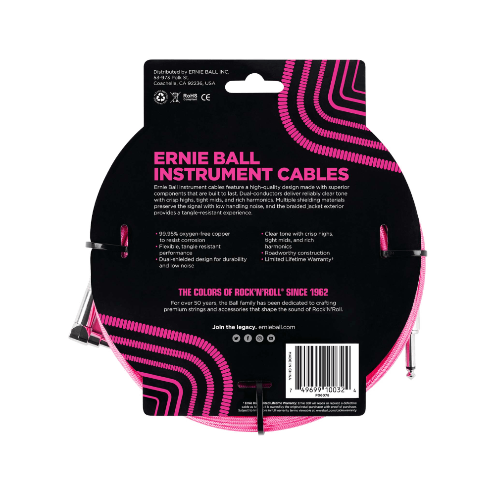 Dây Cáp Ernie Ball 10FT Braided Straight to Angle Instrument, Neon Pink