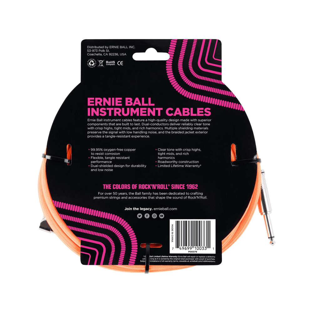 Dây Cáp Ernie Ball 10FT Braided Straight to Angle Instrument, Neon Orange