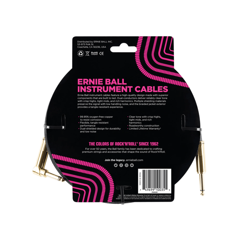 Dây Cáp Ernie Ball 10 Feet Braided Straight to Angle Instrument, Black