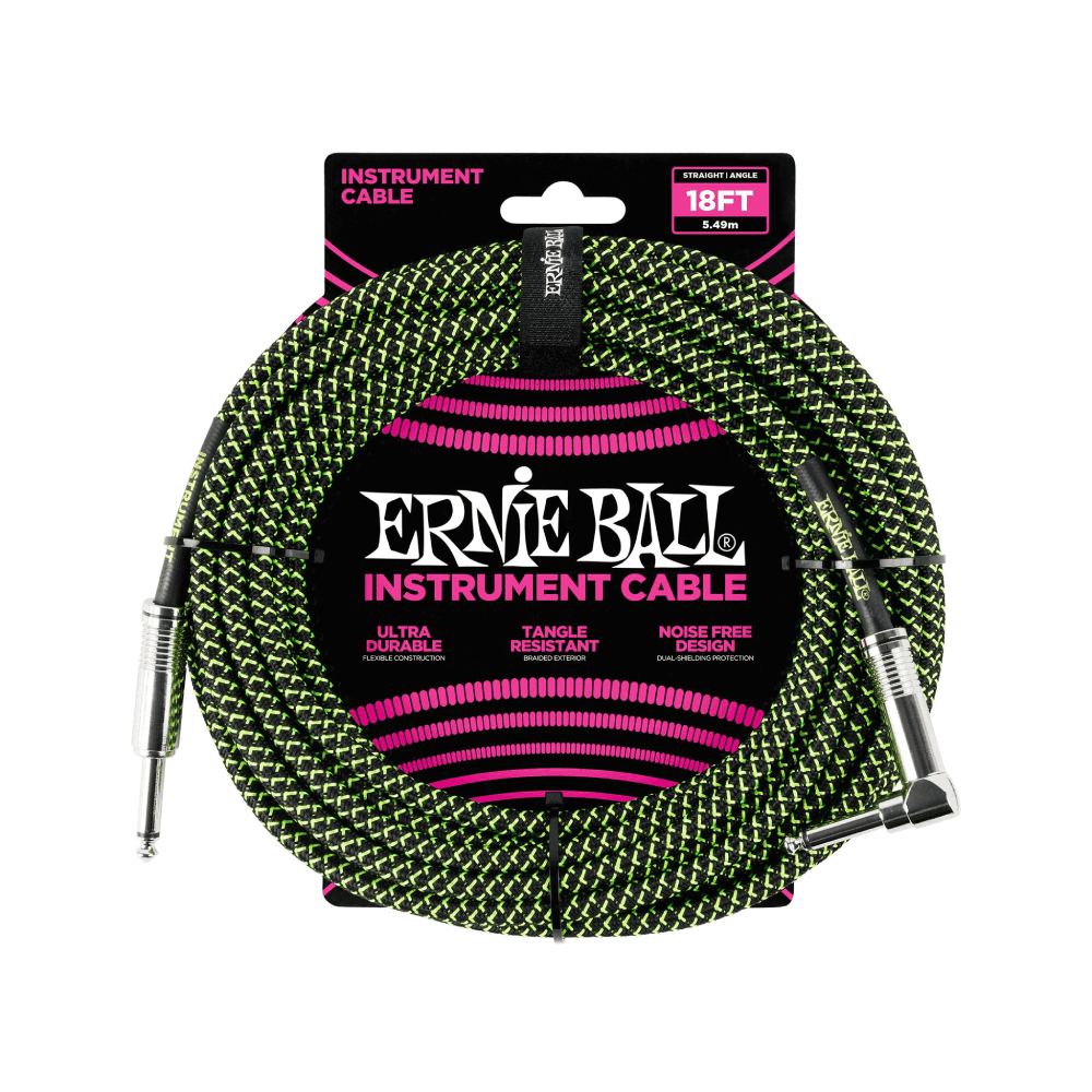 Dây cáp Ernie Ball 18FT Braided Straight to Angle Instrument, Black/Green