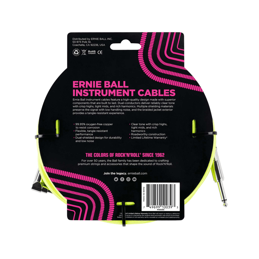 Dây Cáp Ernie Ball 18FT Braided Straight to Angle Instrument, Neon Yellow