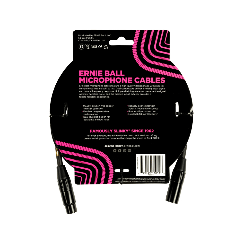 Ernie Ball 5FT Braided Male to Female XLR Microphone Cable, Black