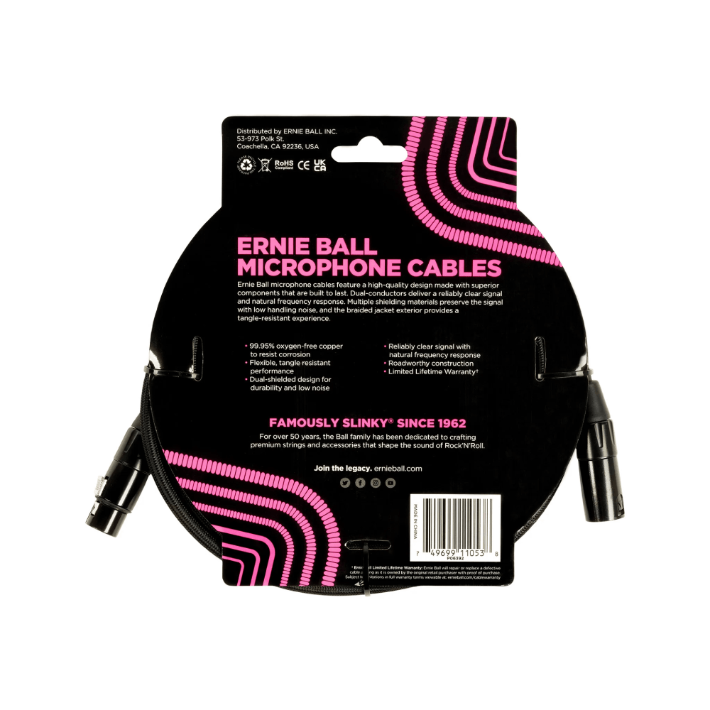 Dây Cáp Ernie Ball 20FT Braided Male to Female XLR Microphone, Black
