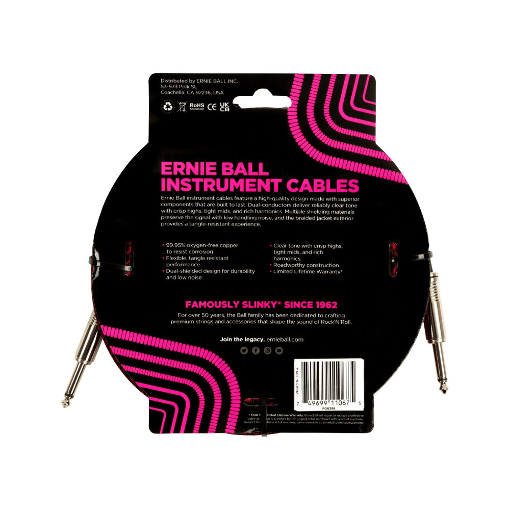 Dây Cáp Ernie Ball 25FT Braided Straight to Straight Instrument, Red Black