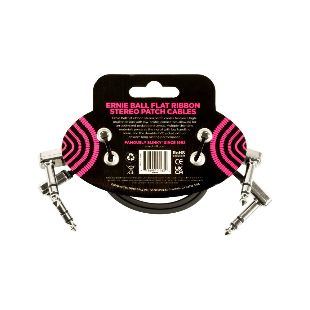 Dây Cáp Ernie Ball 12 inch Flat Ribbon Stereo Patch, Black, Pack of 2
