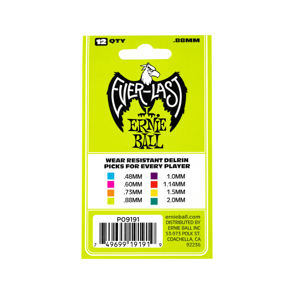 Pick Guitar Ernie Ball Everlast Delrin .88mm, Green, 12-Pack