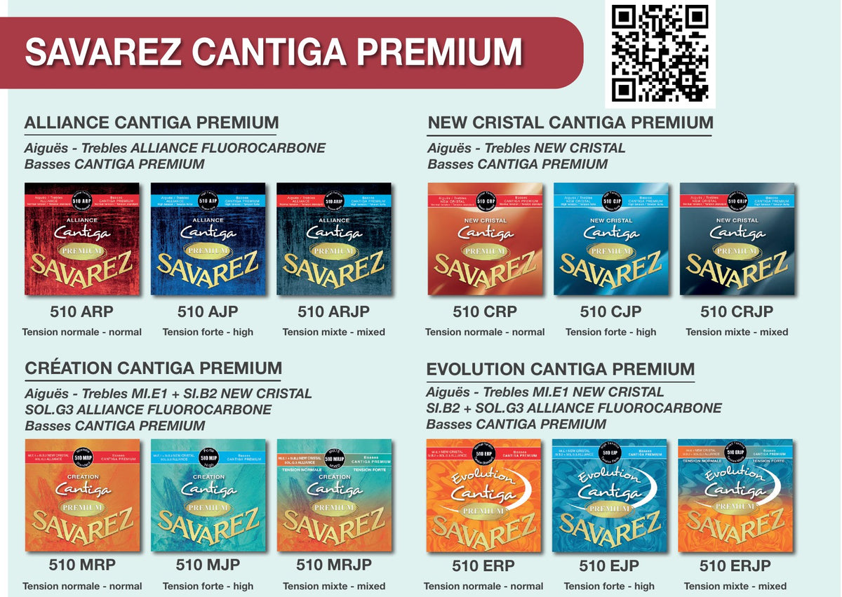 Brochure Savarez 2025: dòng Cantiga Premium – Alliance, New Cristal, Creation và Evolution Cantiga Premium
