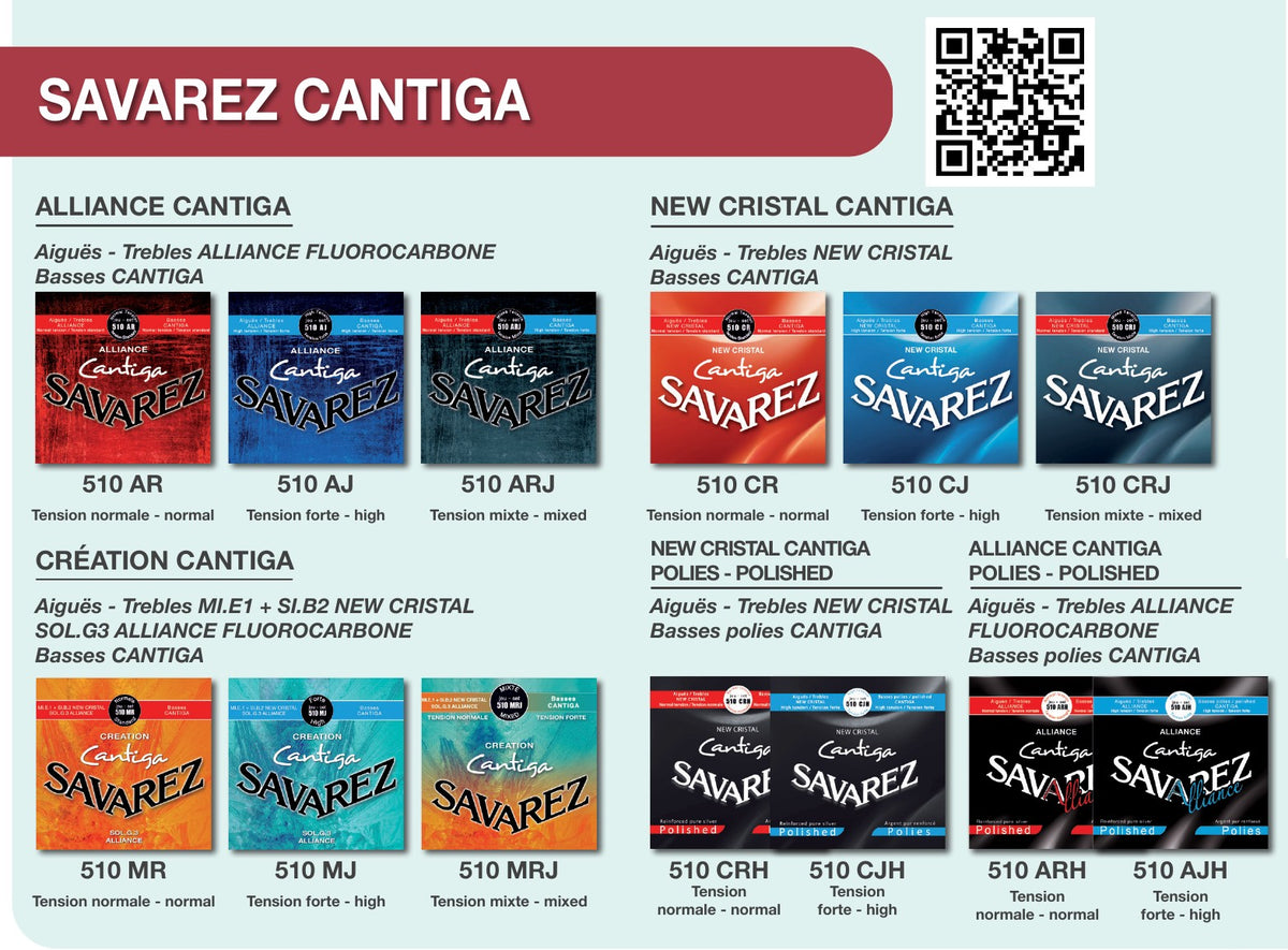 Brochure Savarez 2025: dòng Cantiga – Alliance Cantiga, New Cristal Cantiga, Creation Cantiga và Cantiga Polished