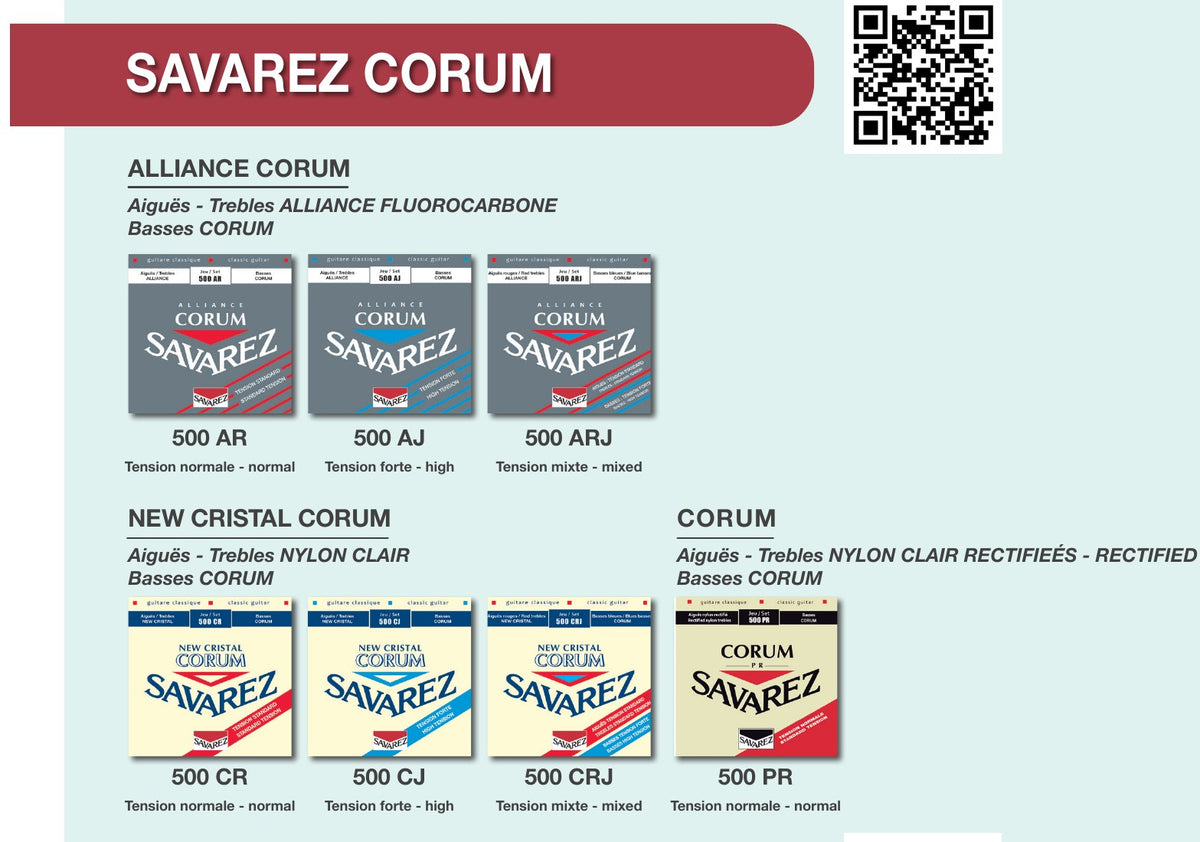 Brochure Savarez 2025: dòng Corum – Alliance Corum 500AR, 500AJ, 500ARJ; New Cristal Corum 500CR, 500CJ, 500CRJ; Corum 500PR