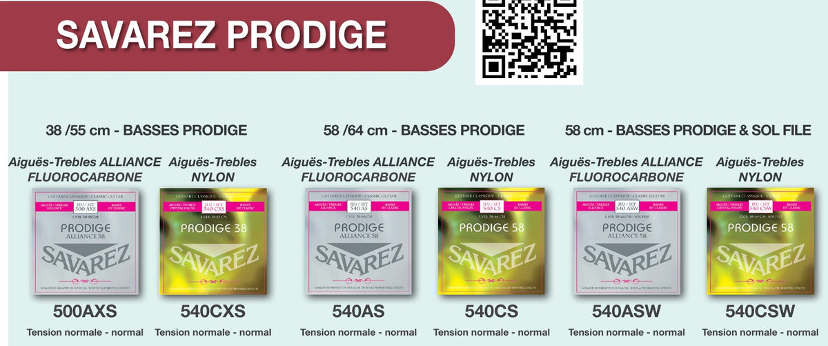 Brochure Savarez 2025: dây Prodige cho đàn guitar classic nhỏ – dây rung 38/55 cm, 58/64 cm, 58 cm Sol quấn