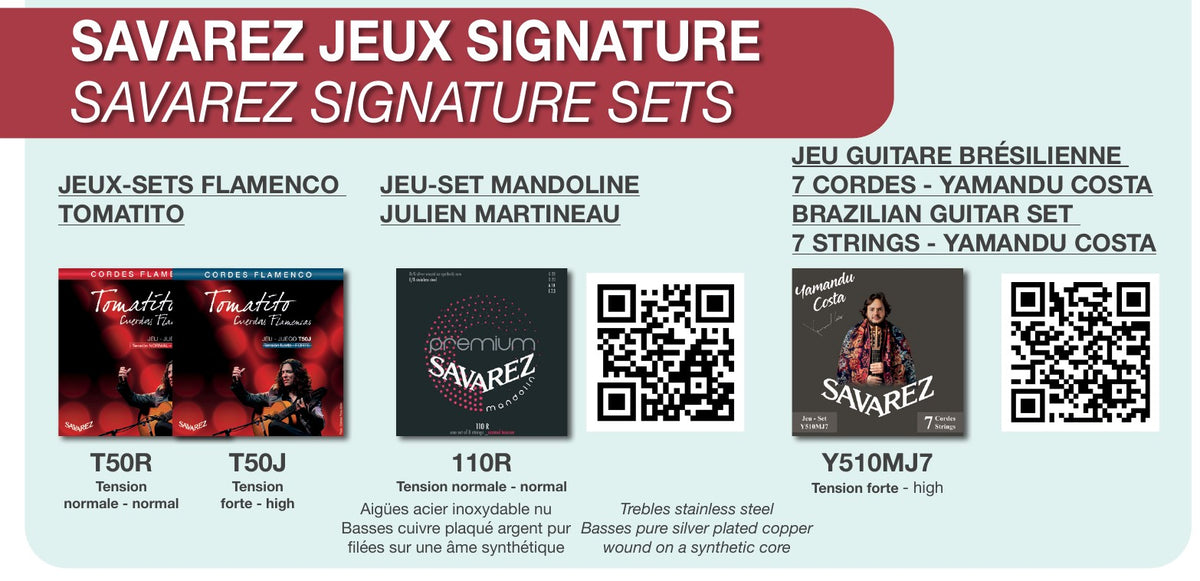 Brochure Savarez 2025: bộ dây signature flamenco Tomatito T50R, T50J và bộ 7 dây Yamandu Costa Y510MJ7