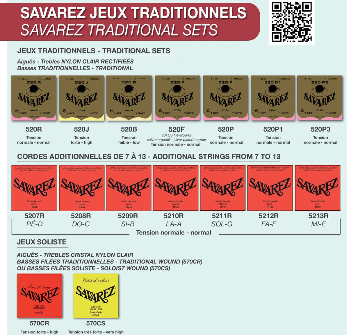 Brochure Savarez 2025: bộ dây truyền thống 520R, 520J, 520B và bộ Cristal 570CR, 570CS
