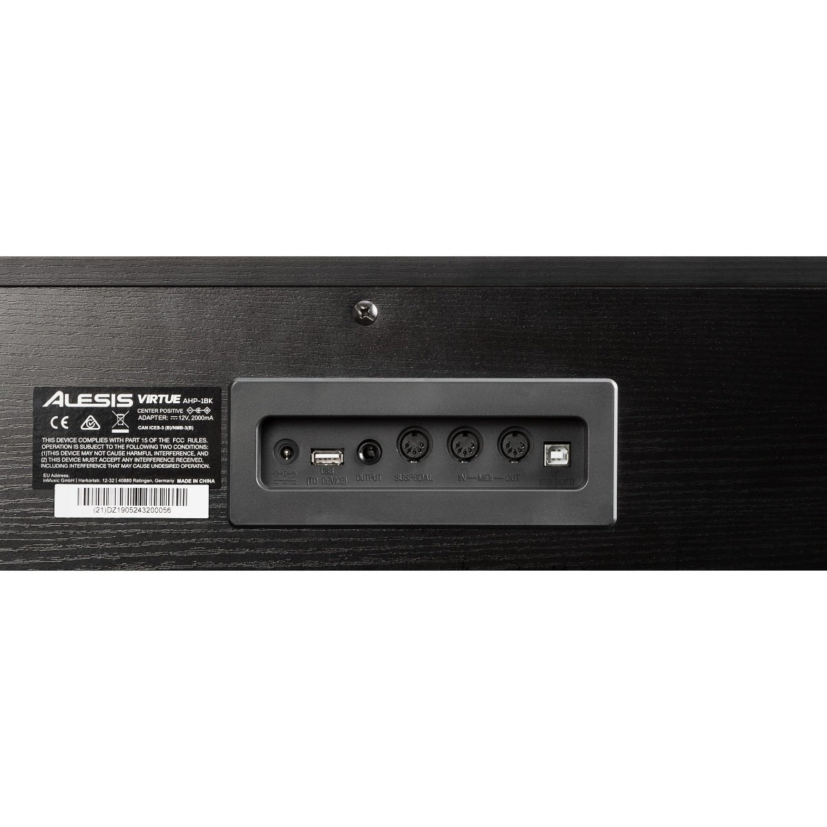 Bảng cổng kết nối phía sau đàn piano điện Alesis Virtue AHP-1 tại TÂN NHẠC CỤ với các cổng USB, MIDI và pedal.