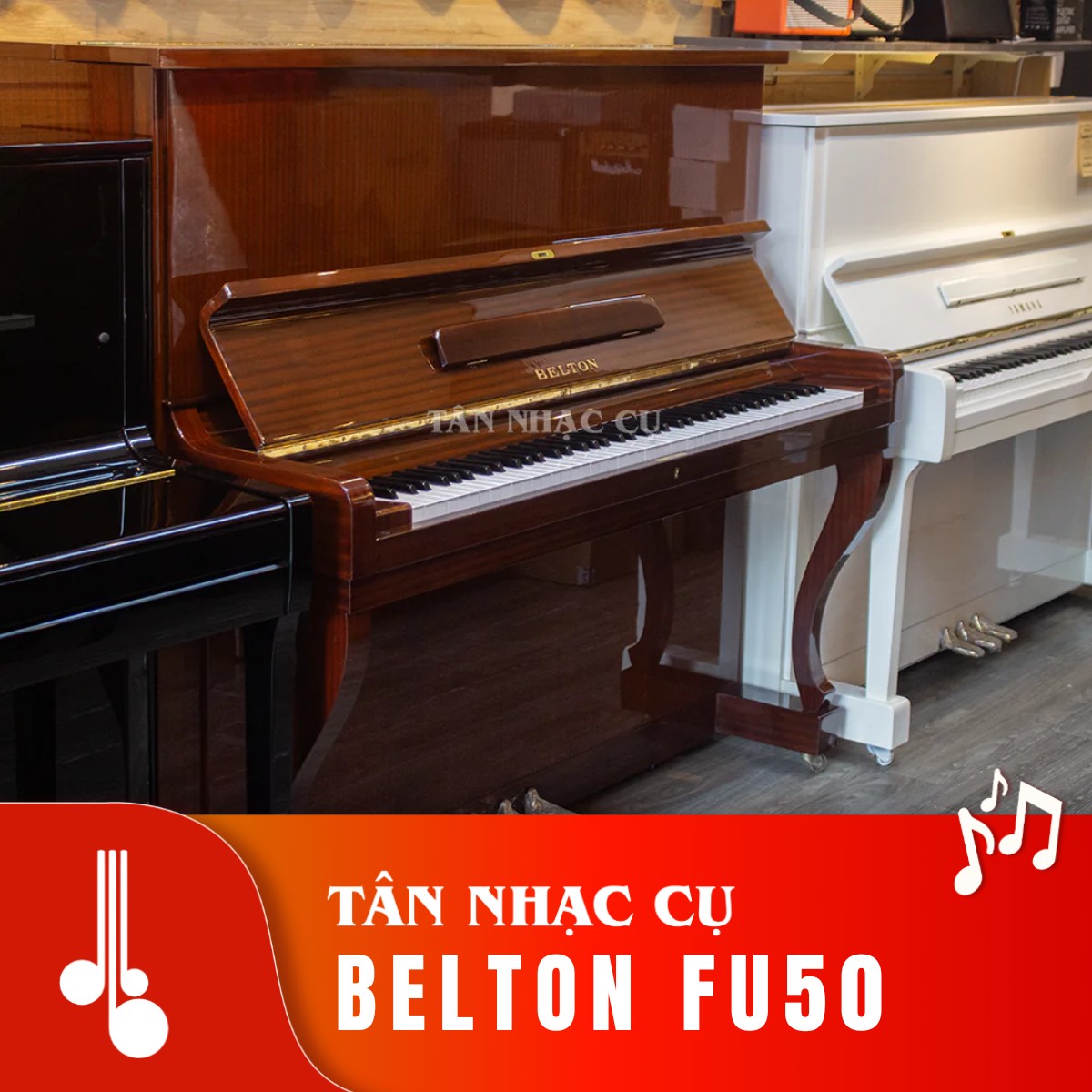 Đàn piano cơ TÂN NHẠC CỤ Belton FU50 màu vân gỗ nâu cổ điển với thiết kế upright sang trọng