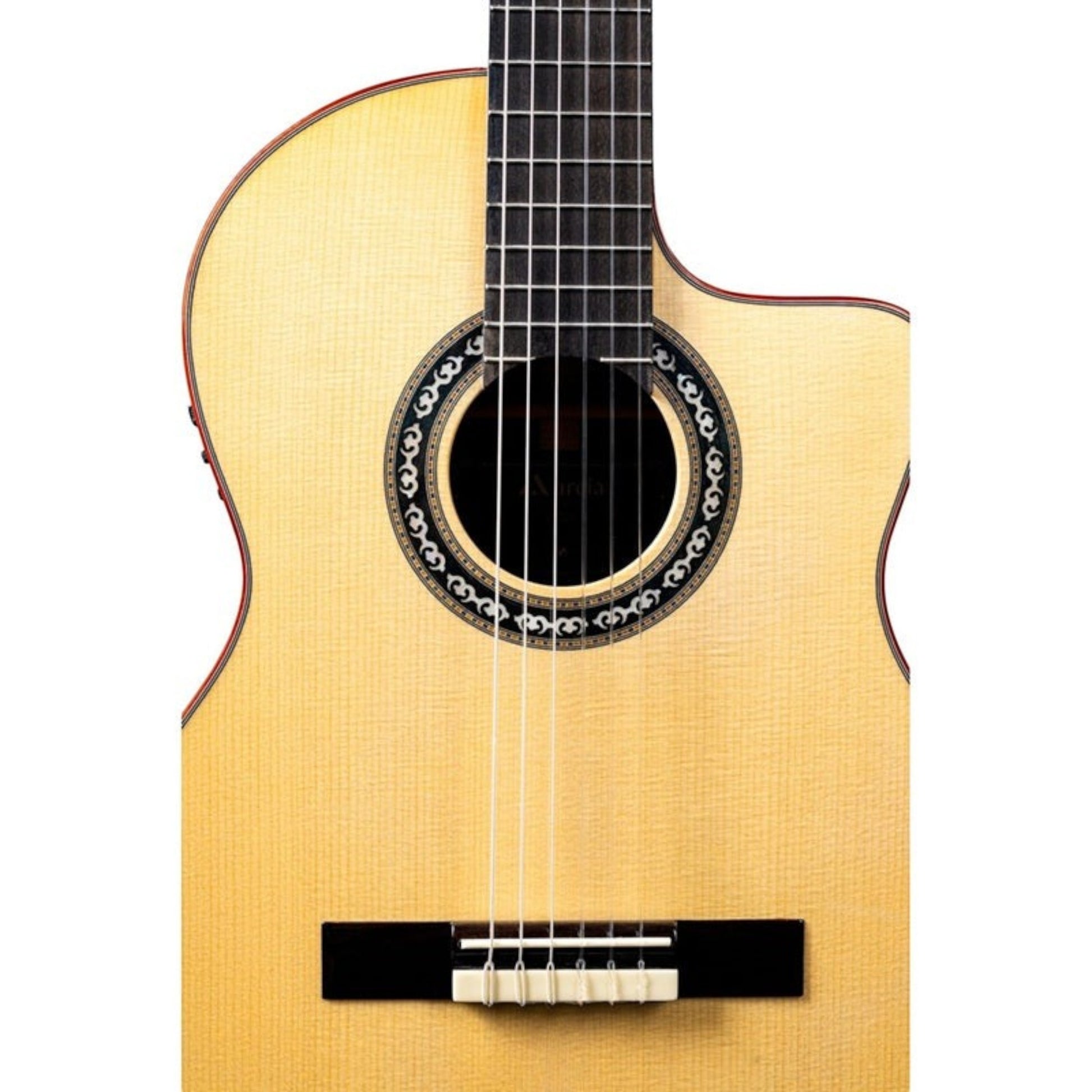 Đàn guitar classic Murcia Fusion Lotus tại TÂN NHẠC CỤ với mặt top Solid Spruce và họa tiết rosette hoa sen tinh xảo