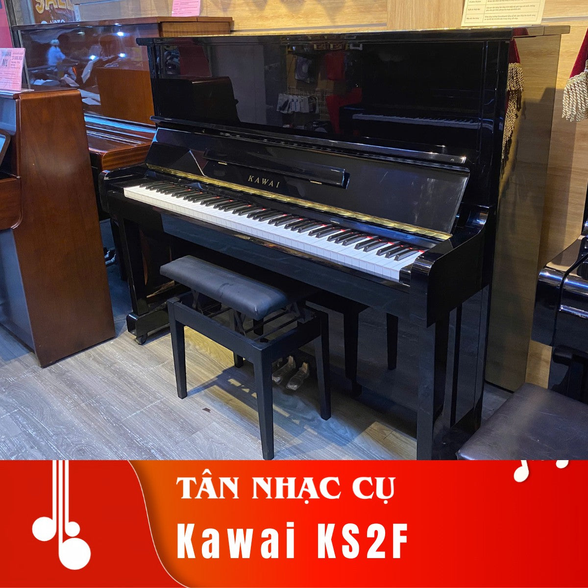 Đàn piano cơ Kawai KS2F màu đen bóng sang trọng tại TÂN NHẠC CỤ, thiết kế thùng cao 131cm bền bỉ và đẳng cấp.