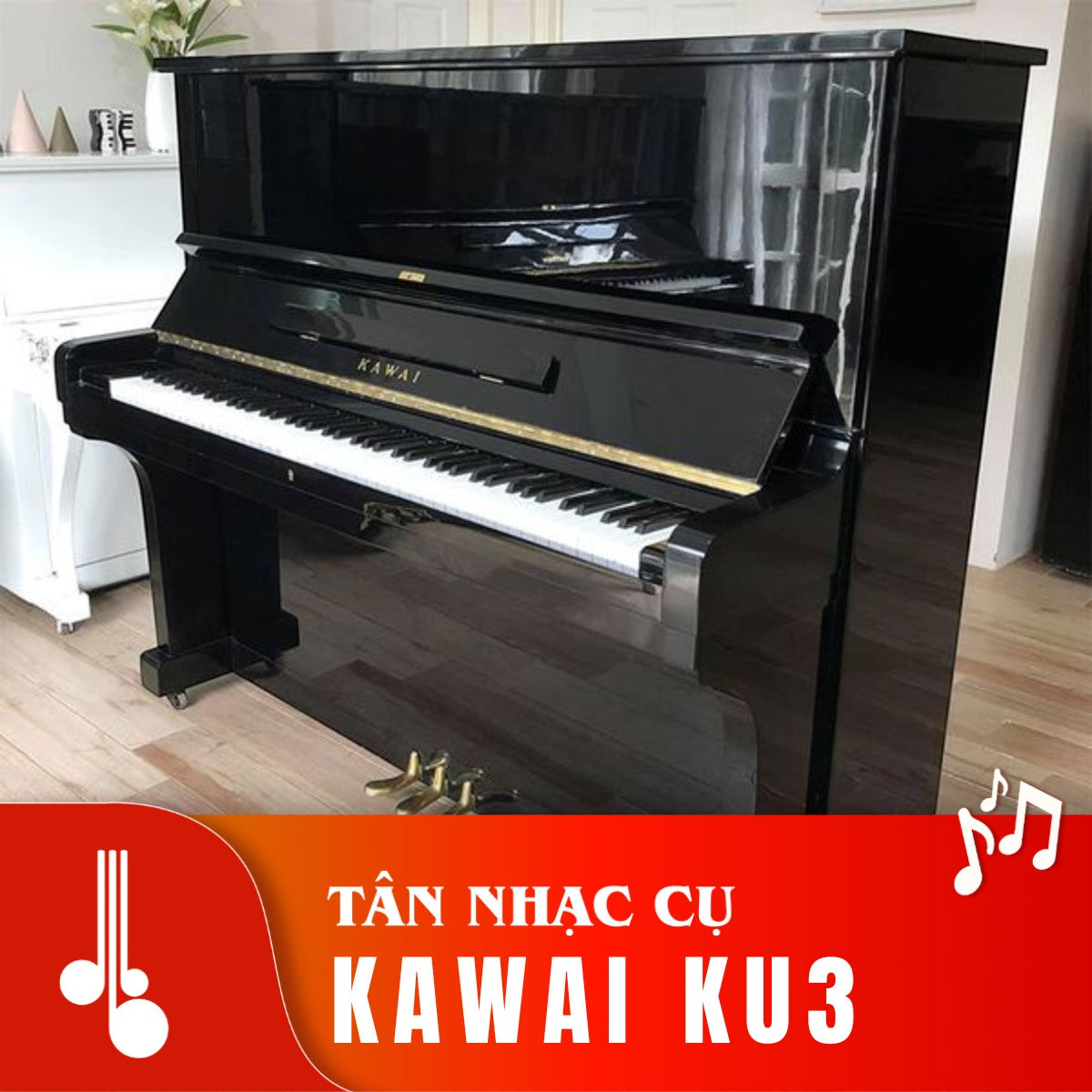 Đàn piano cơ upright Kawai KU3 màu đen bóng sang trọng tại TÂN NHẠC CỤ với thiết kế cổ điển và âm thanh trầm ấm