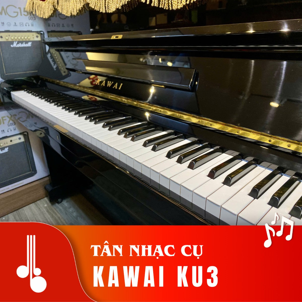 Đàn piano cơ upright Kawai KU3 màu đen bóng sang trọng tại TÂN NHẠC CỤ, thiết kế cổ điển với phím đàn trắng đen