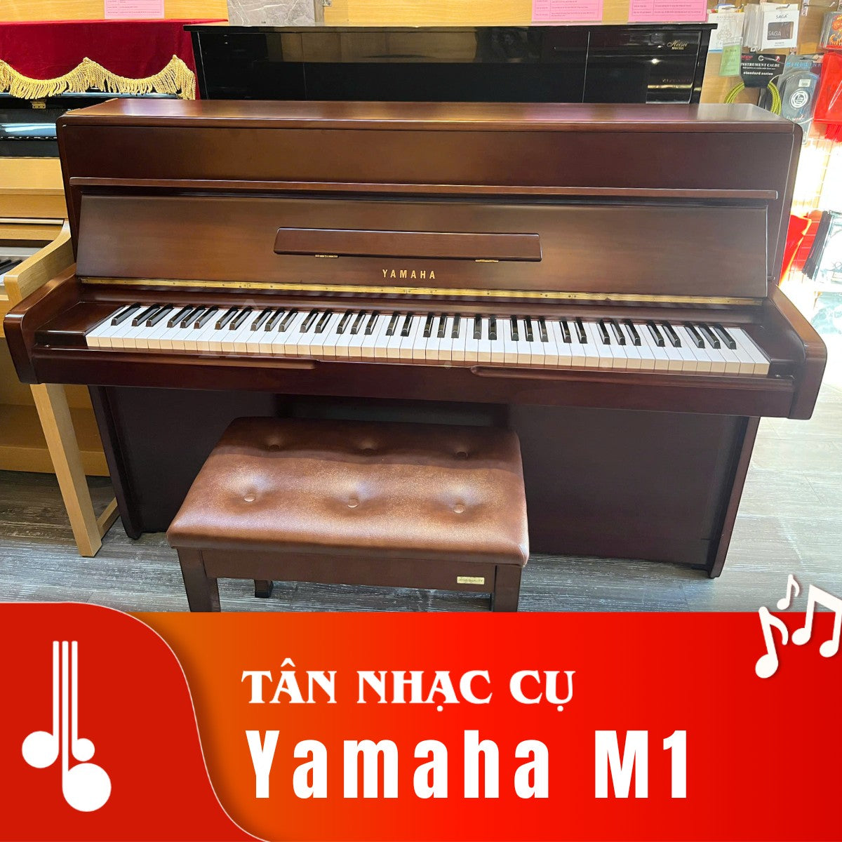 Đàn piano cơ Yamaha M1 màu nâu gỗ sang trọng, thiết kế upright nhỏ gọn tại cửa hàng TÂN NHẠC CỤ