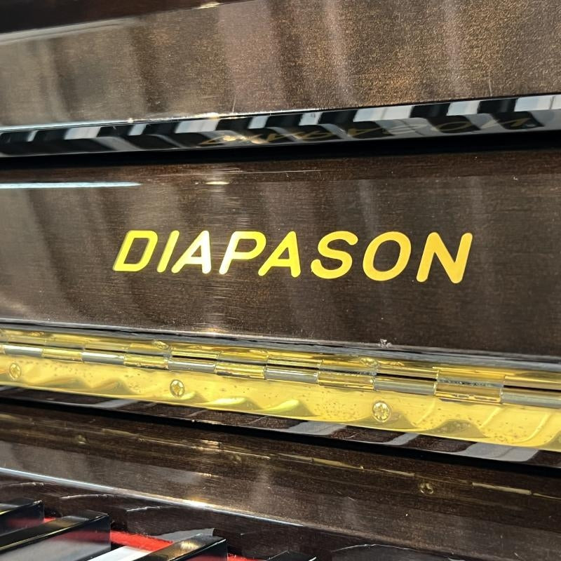 Logo thương hiệu Diapason màu vàng nổi bật trên nền đàn piano cơ đen bóng sang trọng tại TÂN NHẠC CỤ