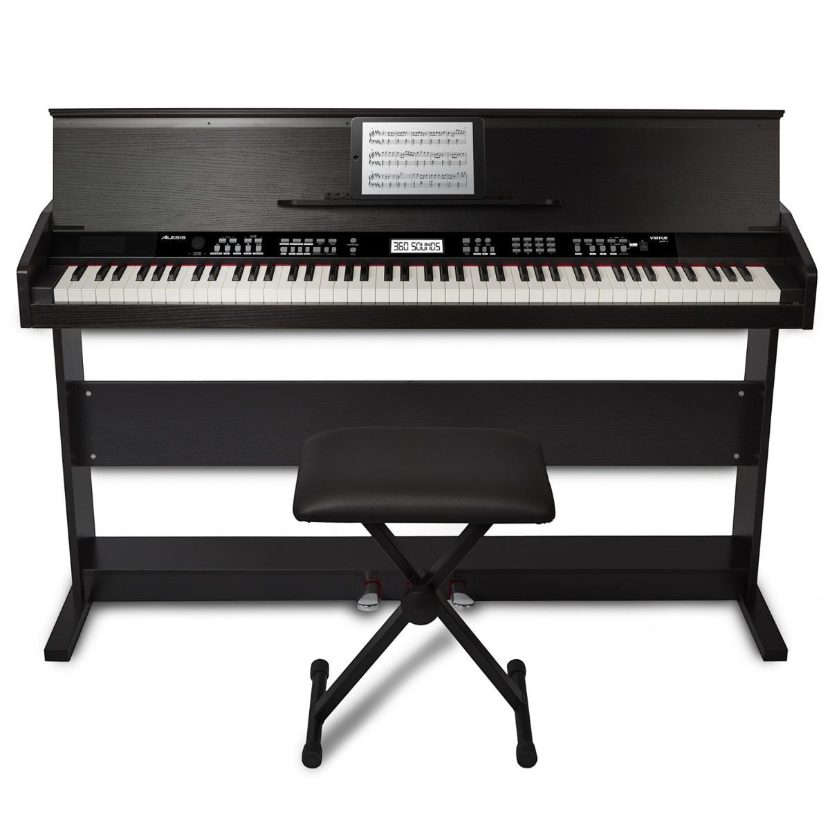 Đàn piano điện Alesis Virtue AHP-1 màu đen từ TÂN NHẠC CỤ kèm ghế và chân đàn gỗ, thiết kế hiện đại cho người mới.