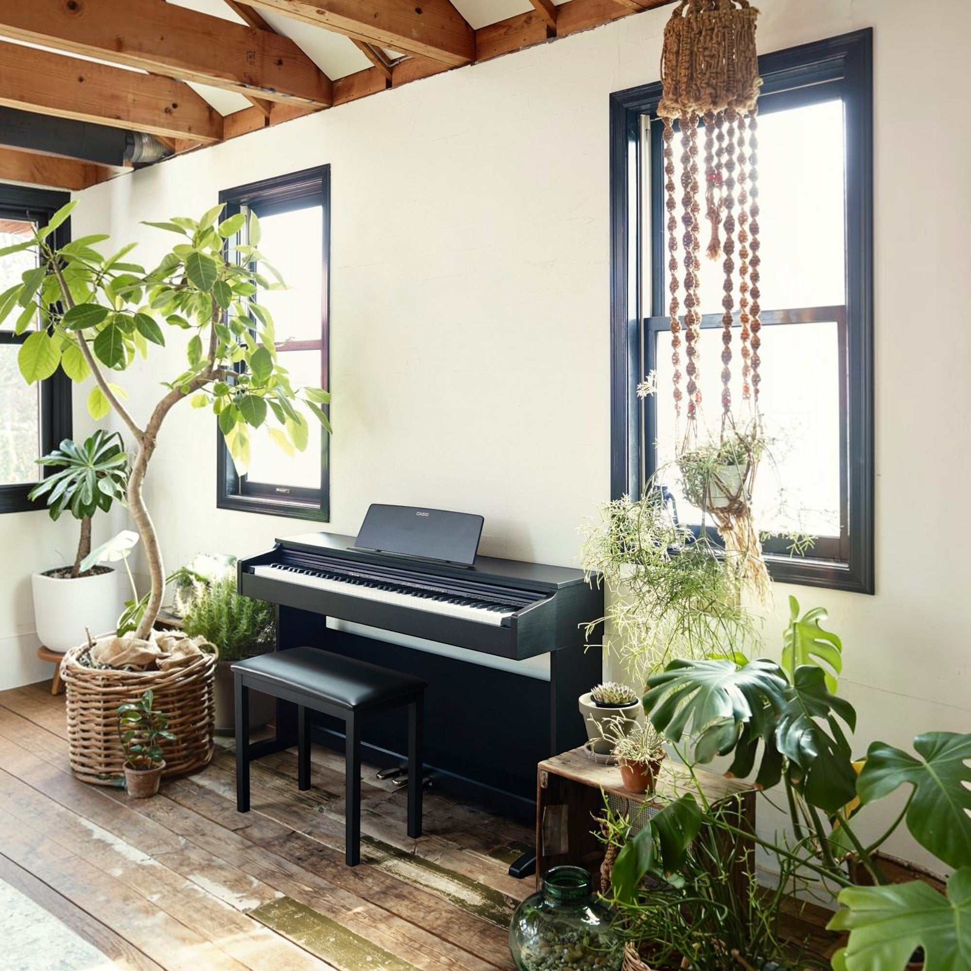 Đàn piano điện Casio AP-270 màu đen sang trọng tại Tân Nhạc Cụ, thiết kế dáng tủ hiện đại trong không gian phòng nhiều cây xanh