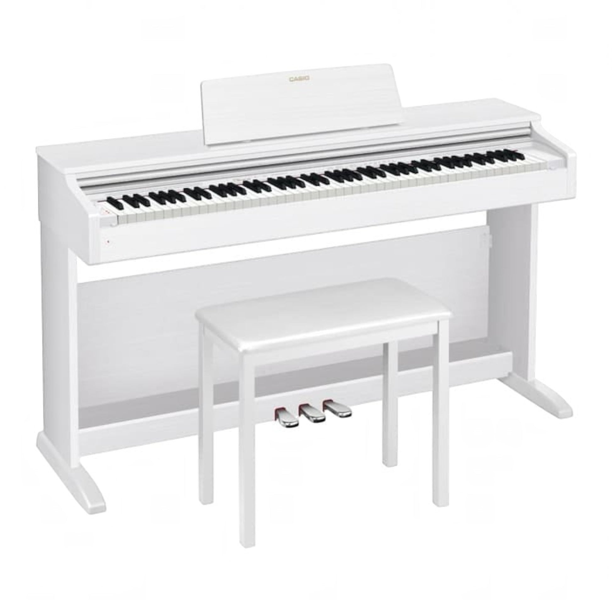 Đàn piano điện Casio AP-270 màu trắng tại TÂN NHẠC CỤ, thiết kế dáng tủ kèm ghế và ba bàn đạp tích hợp.