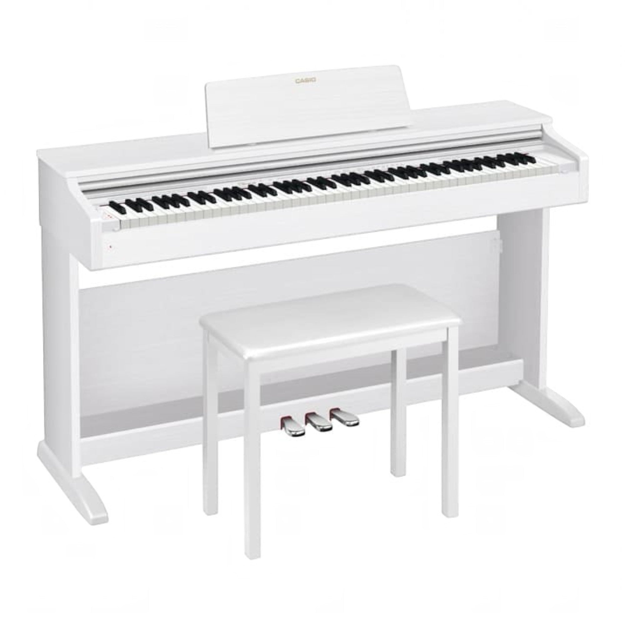 Đàn piano điện Casio AP-270 màu trắng tại TÂN NHẠC CỤ, thiết kế dáng tủ kèm ghế và ba bàn đạp tích hợp.