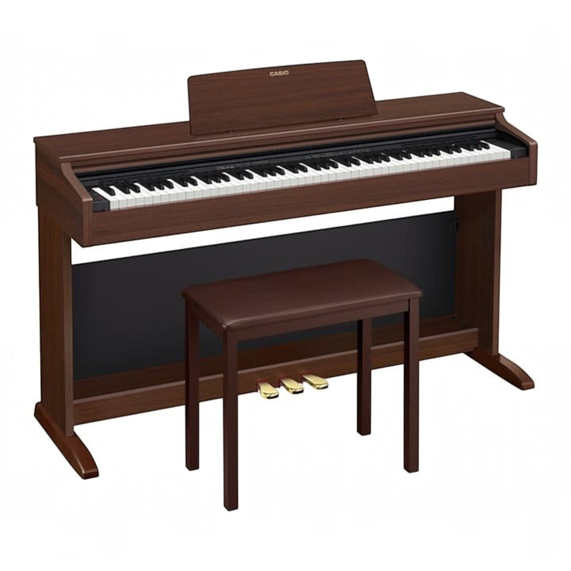 Đàn piano điện Casio AP-270 màu nâu vân gỗ sang trọng tại Tân Nhạc Cụ, kèm ghế đàn và 3 bàn đạp tích hợp.