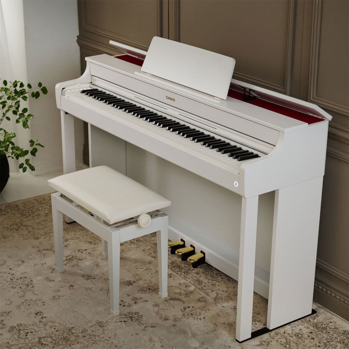 Đàn piano điện Casio AP-300 màu trắng sang trọng tại showroom TÂN NHẠC CỤ, thiết kế dáng tủ hiện đại kèm ghế ngồi.