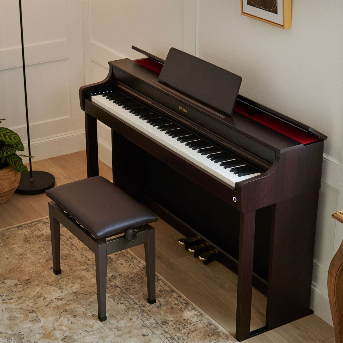 Đàn piano điện Casio AP-300 màu nâu vân gỗ sang trọng tại showroom TÂN NHẠC CỤ, thiết kế dáng tủ với nắp mở và ghế kèm
