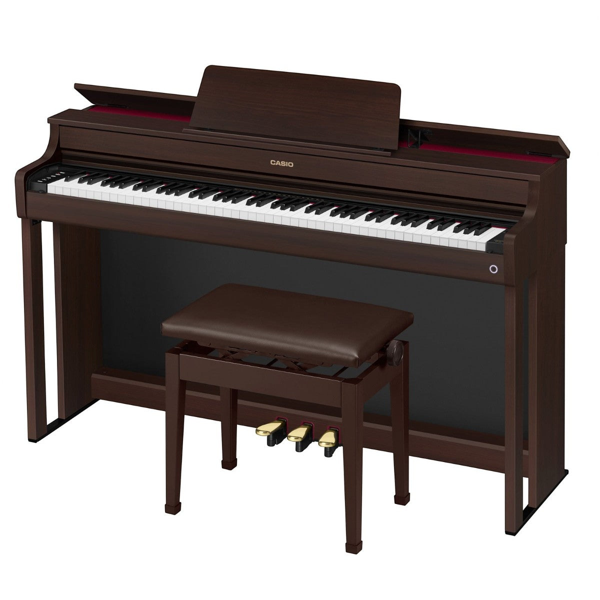 Đàn piano điện Casio AP-300 màu nâu vân gỗ sang trọng với thiết kế dáng tủ, nắp mở được và ghế đi kèm tại TÂN NHẠC CỤ