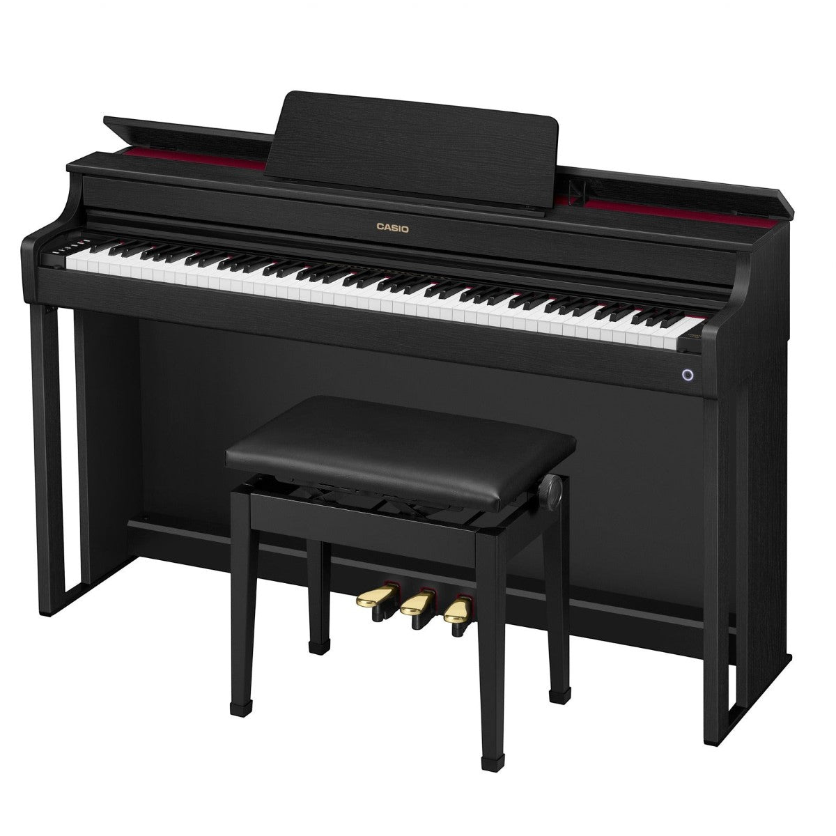 Đàn piano điện Casio AP-300 màu đen tại TÂN NHẠC CỤ với thiết kế dáng tủ, nắp mở và ghế đàn đi kèm sang trọng.