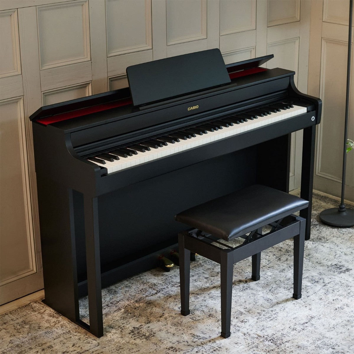 Đàn piano điện Casio AP-300 màu đen tại showroom TÂN NHẠC CỤ, thiết kế dáng tủ sang trọng kèm ghế ngồi