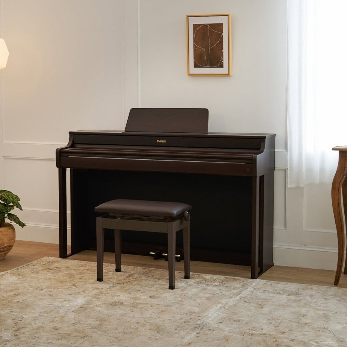 Đàn piano điện Casio AP-300 màu nâu vân gỗ sang trọng tại showroom Tân Nhạc Cụ, kèm ghế ngồi đồng bộ