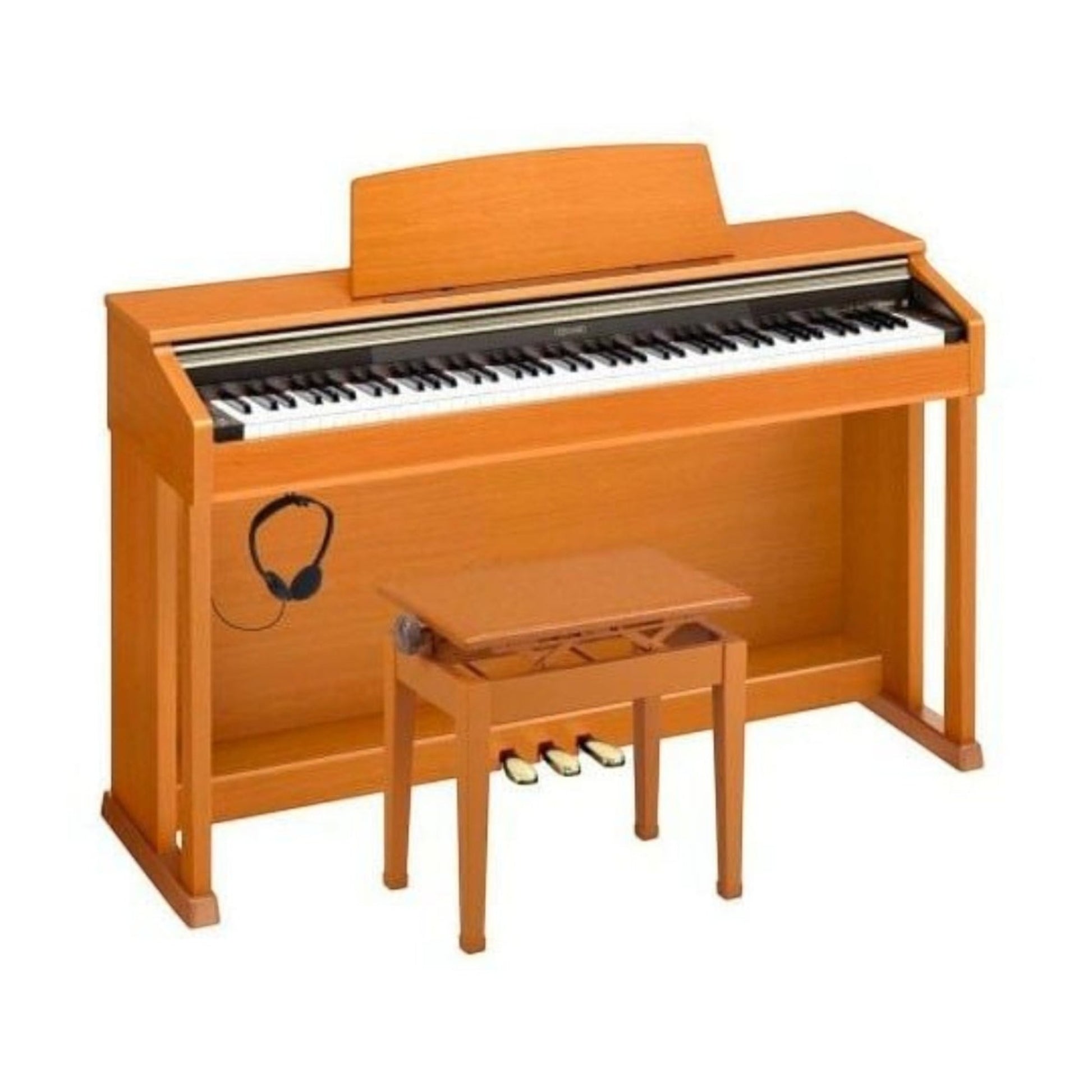Đàn piano điện TÂN NHẠC CỤ Casio AP400CY màu gỗ sang trọng với ghế đàn đi kèm, thiết kế nhỏ gọn và tinh tế.